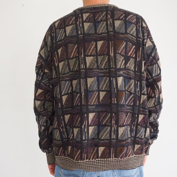 VTG TSR Textured Knit Sweater Brown Multi Retro Geometric Eclectic Grandpa XL - Picture 2 of 10